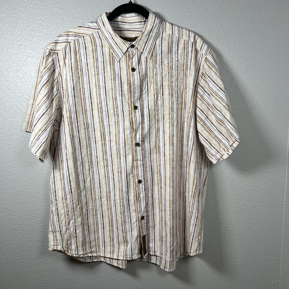 Margaritaville Short Sleeve Men XXXL Shirt White Brown Tan Striped Floral Cotton